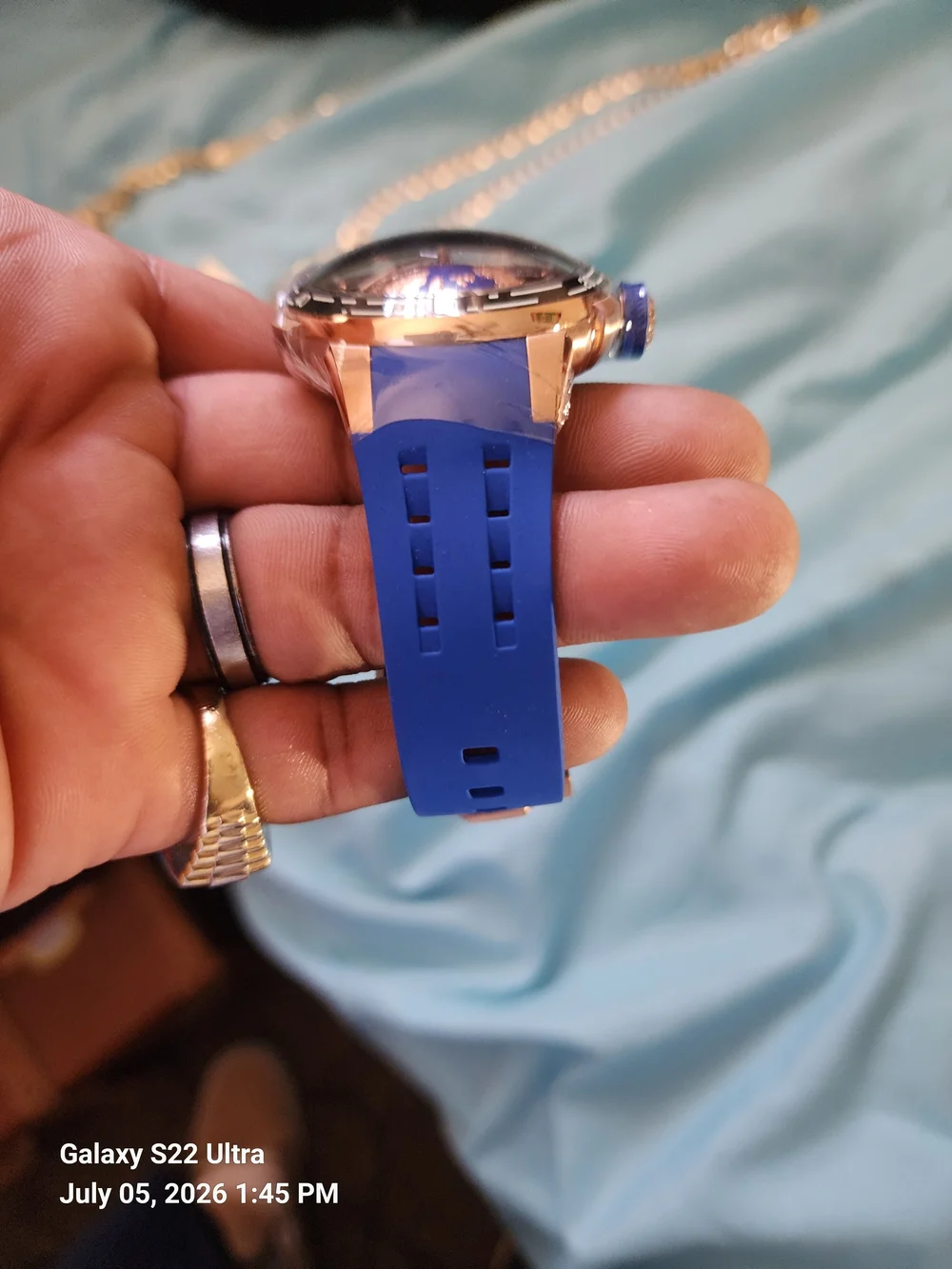 Invicta Automatic Rose Gold Blue Globe Dial Watch with Blue Strap 42mm